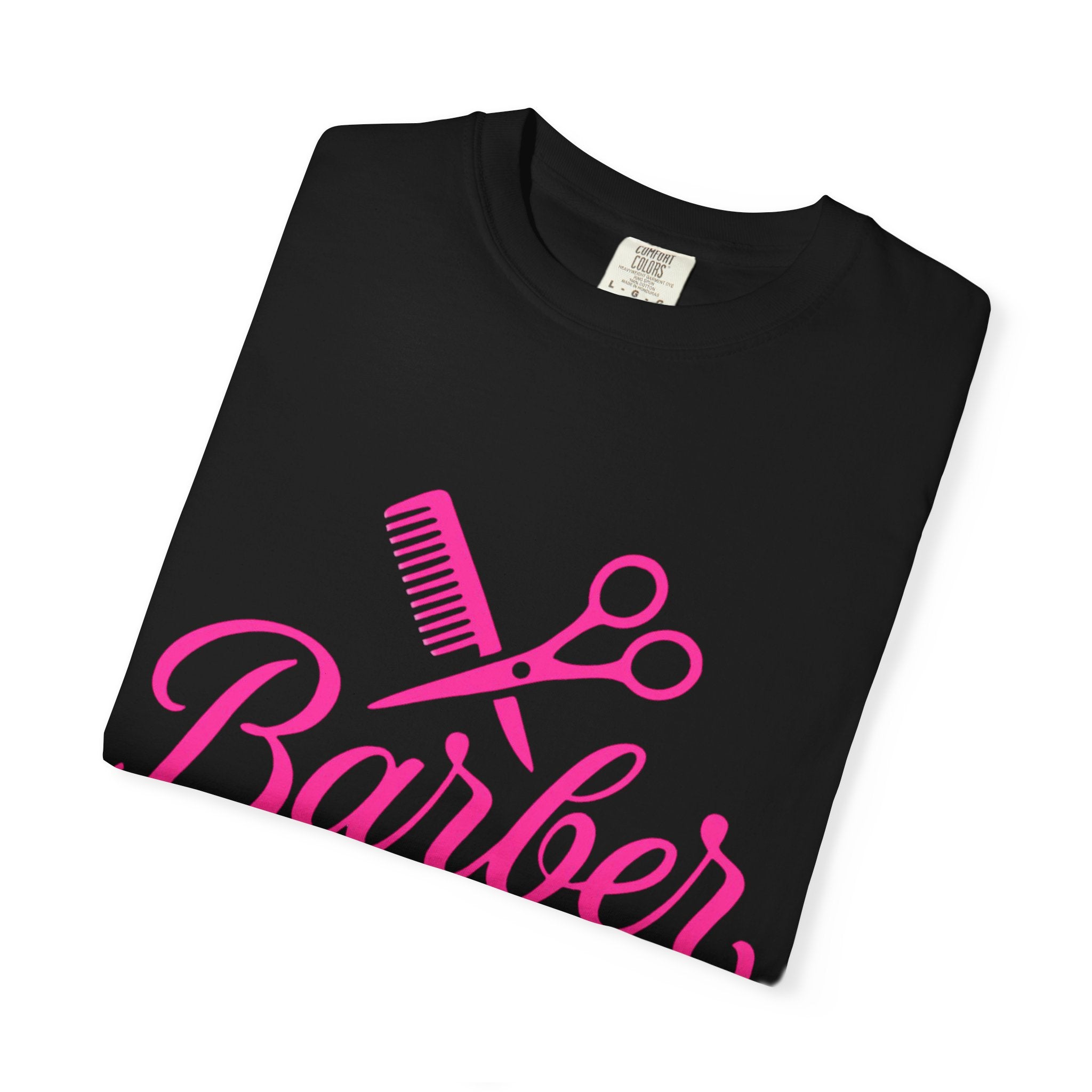 Barber Script T-Shirt — Pink Scissors & Comb Hairdresser Tee