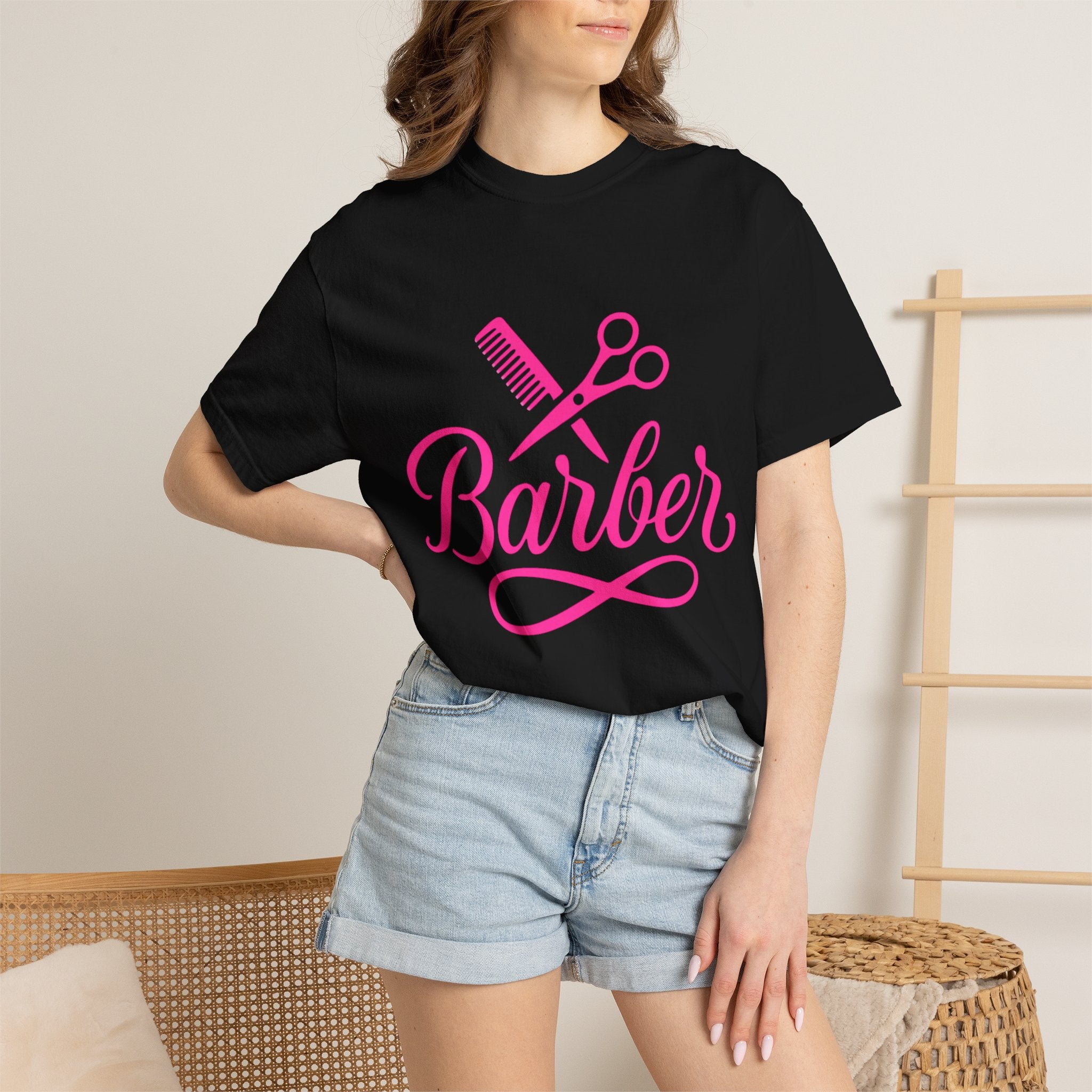 Barber Script T-Shirt — Pink Scissors & Comb Hairdresser Tee