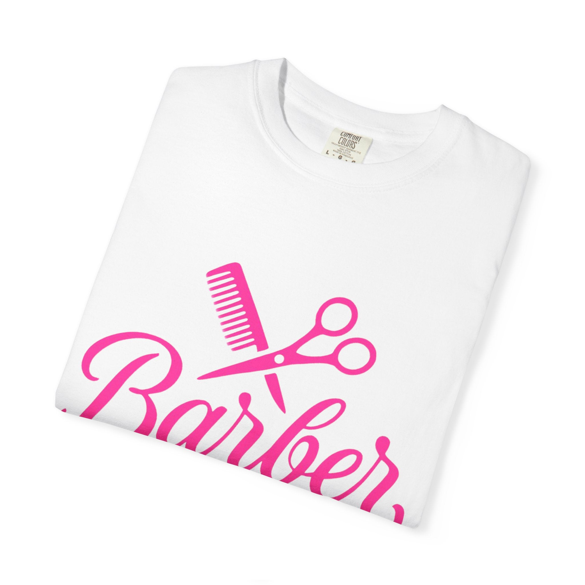 Barber Script T-Shirt — Pink Scissors & Comb Hairdresser Tee