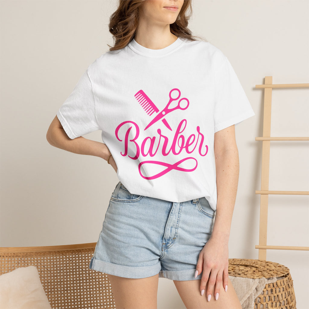 Barber Script T-Shirt — Pink Scissors & Comb Hairdresser Tee