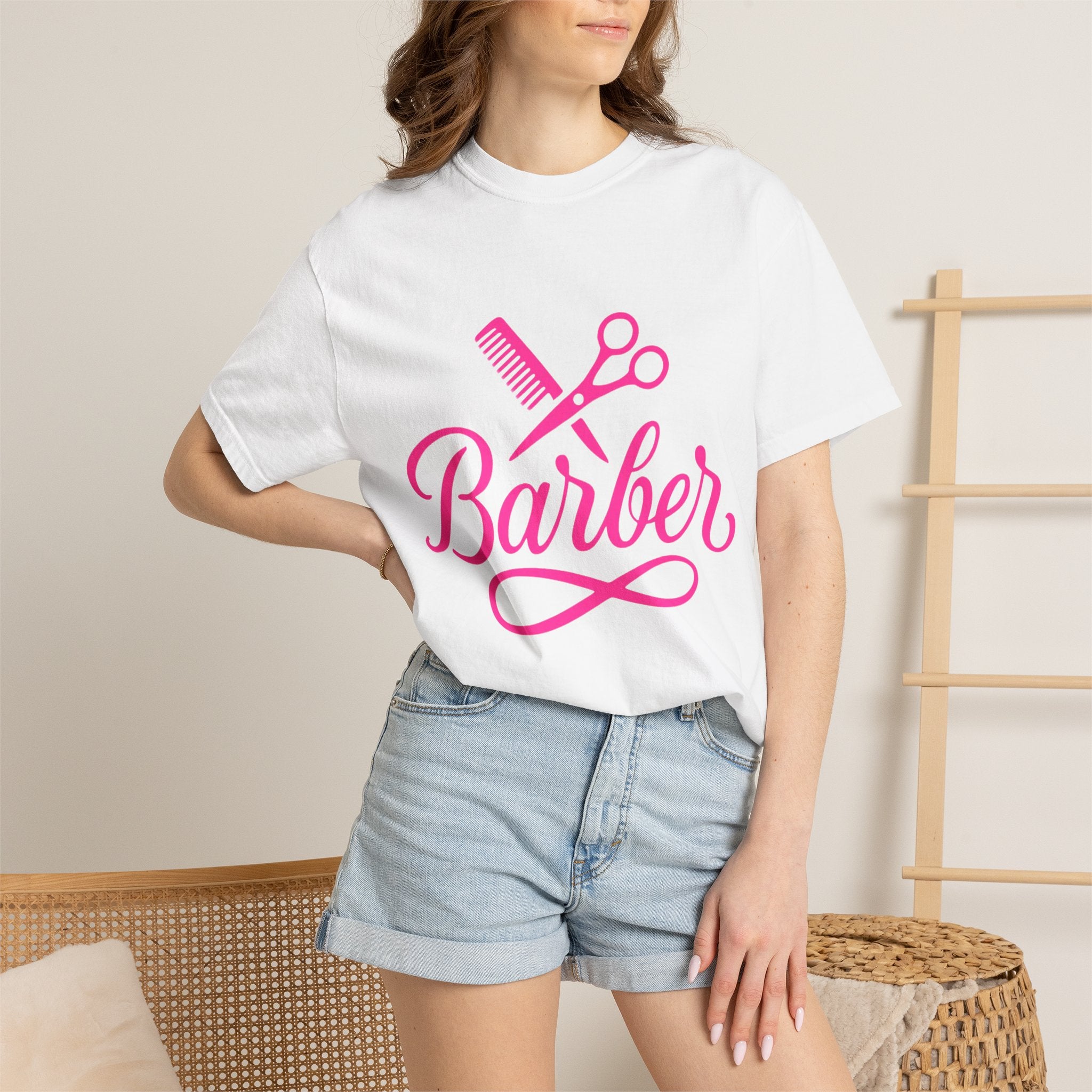 Barber Script T-Shirt — Pink Scissors & Comb Hairdresser Tee