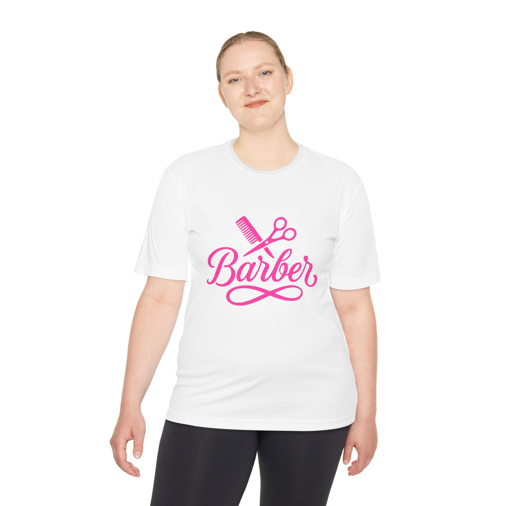 She Cuts Tee — Pink Barber/Hairstylist Graphic Moisture-Wicking Shirt