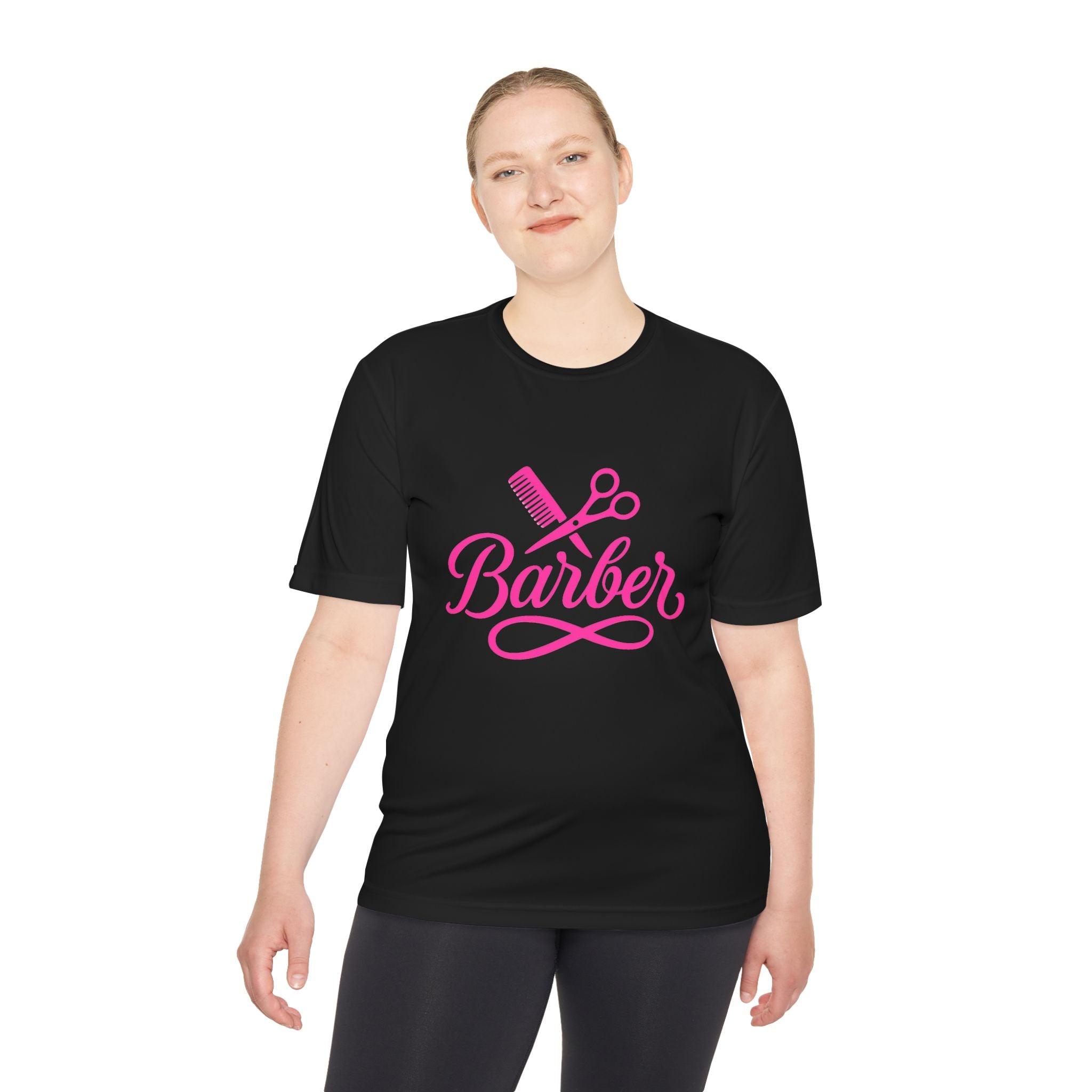 She Cuts Tee — Pink Barber/Hairstylist Graphic Moisture-Wicking Shirt