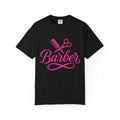 Barber Script T-Shirt — Pink Scissors & Comb Hairdresser Tee