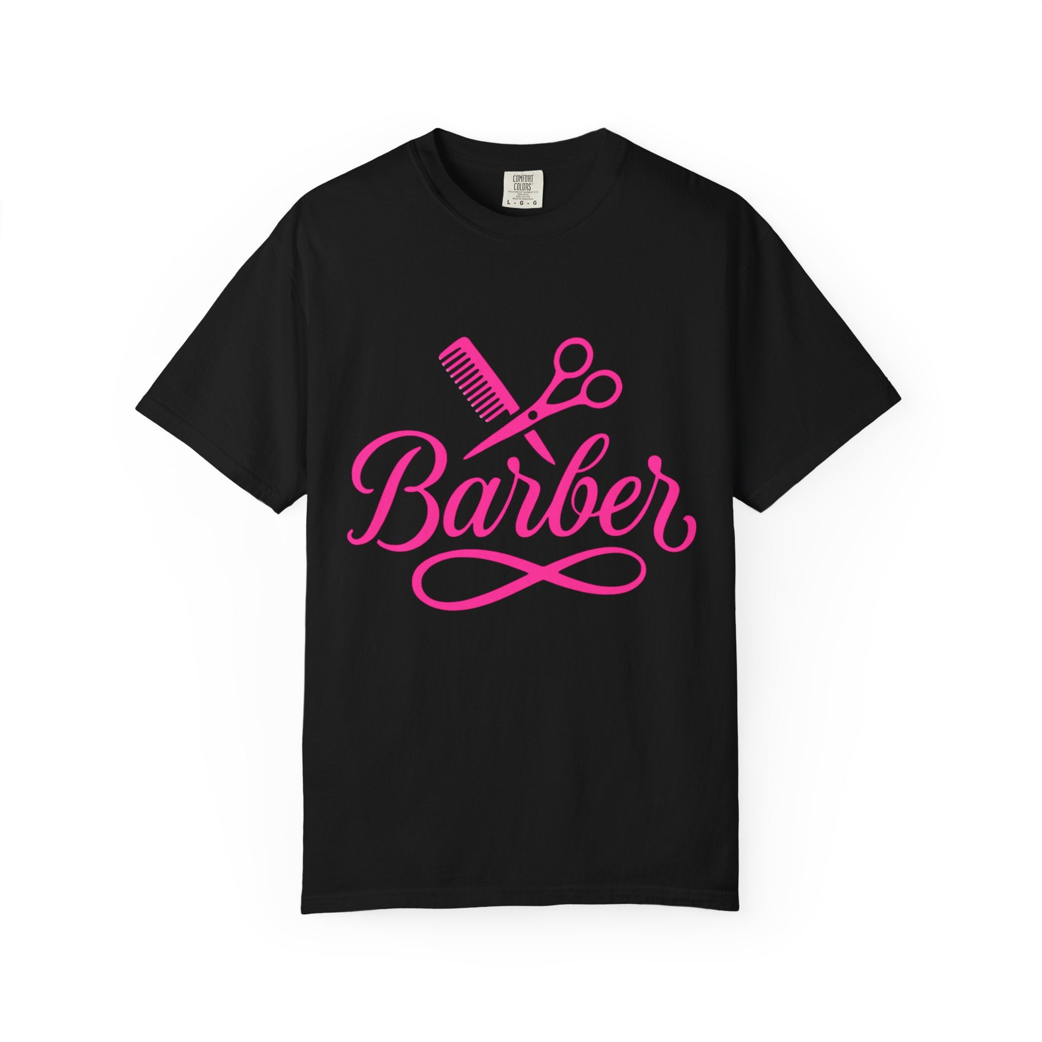 Barber Script T-Shirt — Pink Scissors & Comb Hairdresser Tee