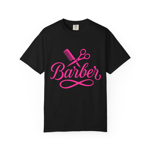Barber Script T-Shirt — Pink Scissors & Comb Hairdresser Tee