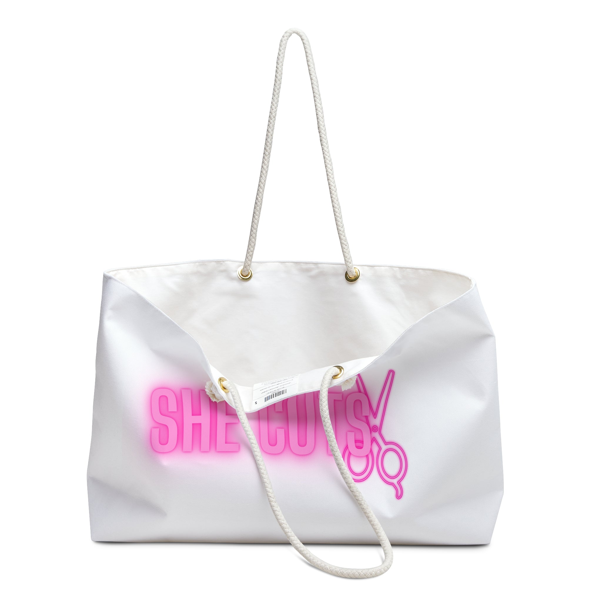 She Cuts Weekender Bag — Neon Pink Scissors Travel Tote for Hairdressers