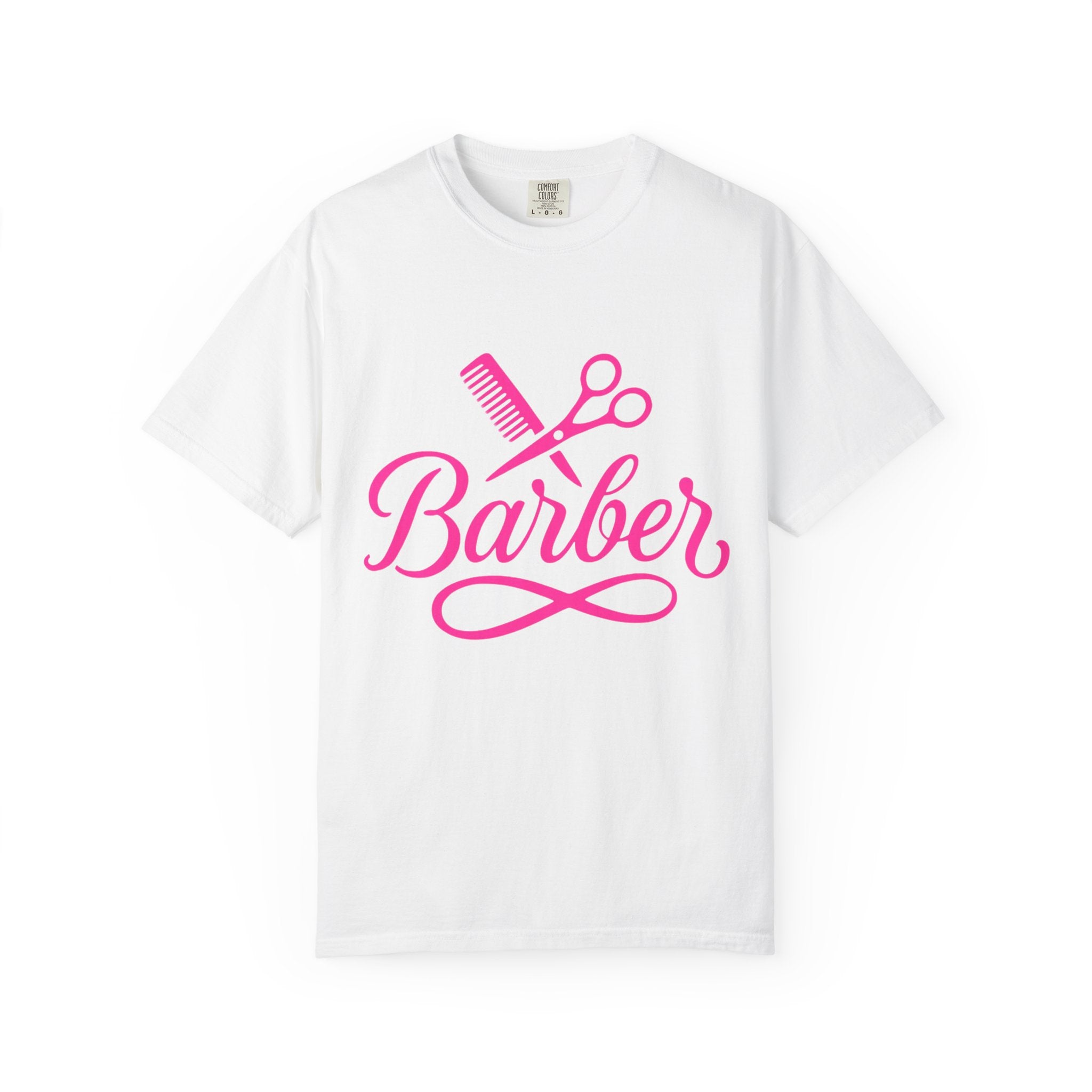 Barber Script T-Shirt — Pink Scissors & Comb Hairdresser Tee