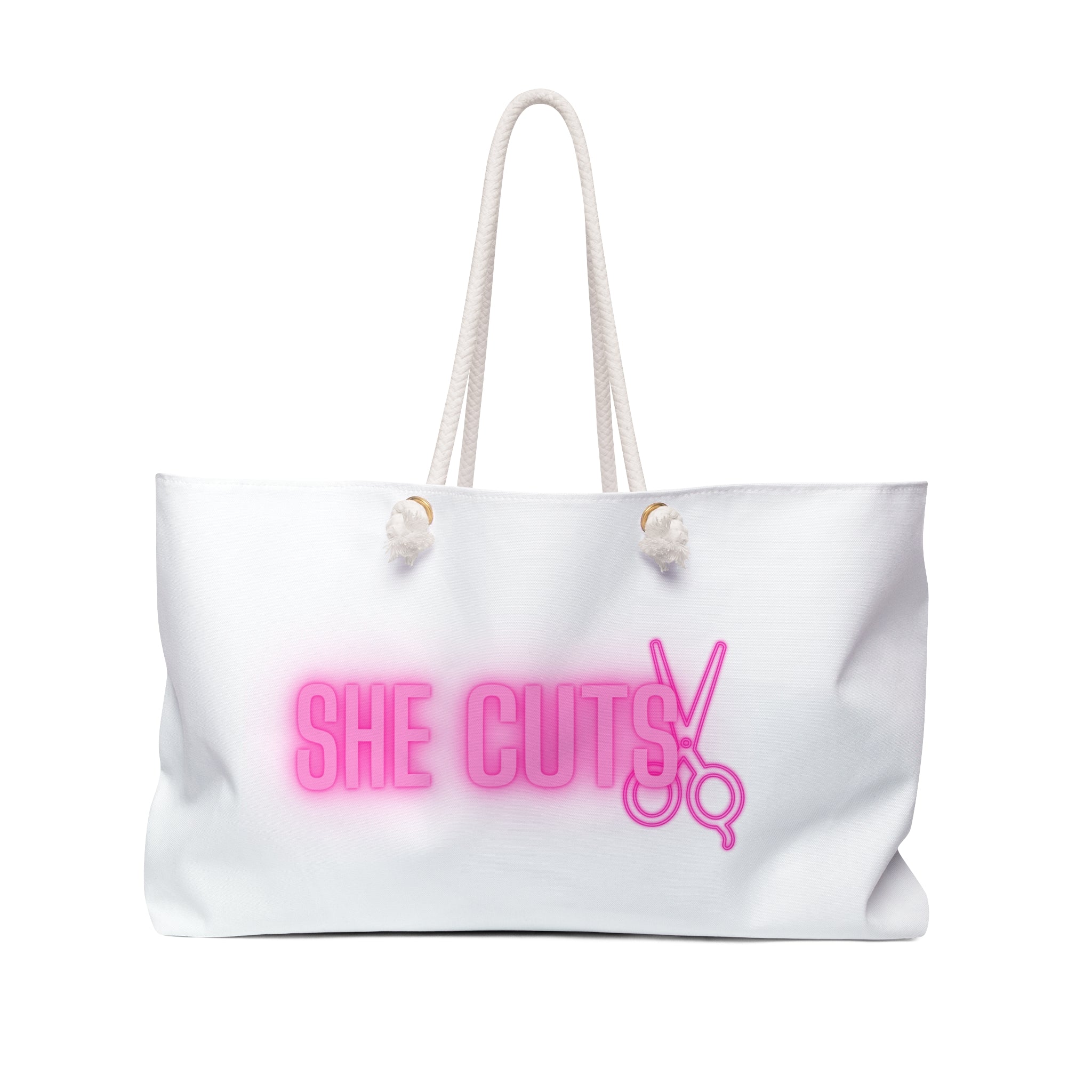 She Cuts Weekender Bag — Neon Pink Scissors Travel Tote for Hairdressers